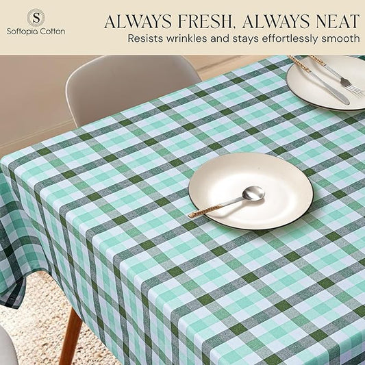 Gingham Check Tablecloth, 52x70 Inches, Everyday Plaid Dining Table Cover, 100% Cotton, Washable, Reusable Farmhouse Table Linen for Holiday Décor, Mint Green Aqua Green and White