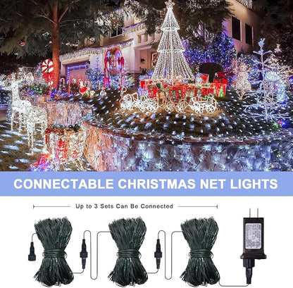 JMEXSUSS 360 LED Christmas Net Lights, White, 12ft x 5ft | Outdoor Waterproof, Connectable, Plug in, Mesh Lights with Remote for Bushes Shrubs Christmas Decorations