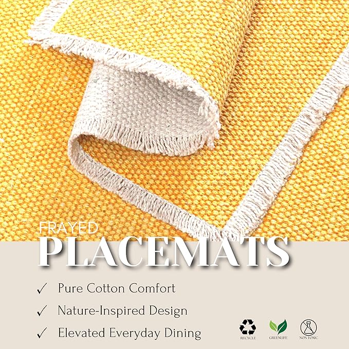 Hausattire Cotton Frayed Placemats Set of 4 Dining Table 14x14 Inch | Rustic Vintage Boho Washable Easter Placemat for Outdoor Parties BBQ's Wedding, Holiday, Special Occasions, Nubby Cotton - Yellow