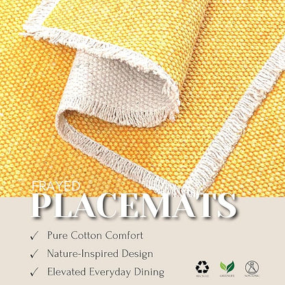 Hausattire Cotton Frayed Placemats Set of 4 Dining Table 14x14 Inch | Rustic Vintage Boho Washable Easter Placemat for Outdoor Parties BBQ's Wedding, Holiday, Special Occasions, Nubby Cotton - Yellow