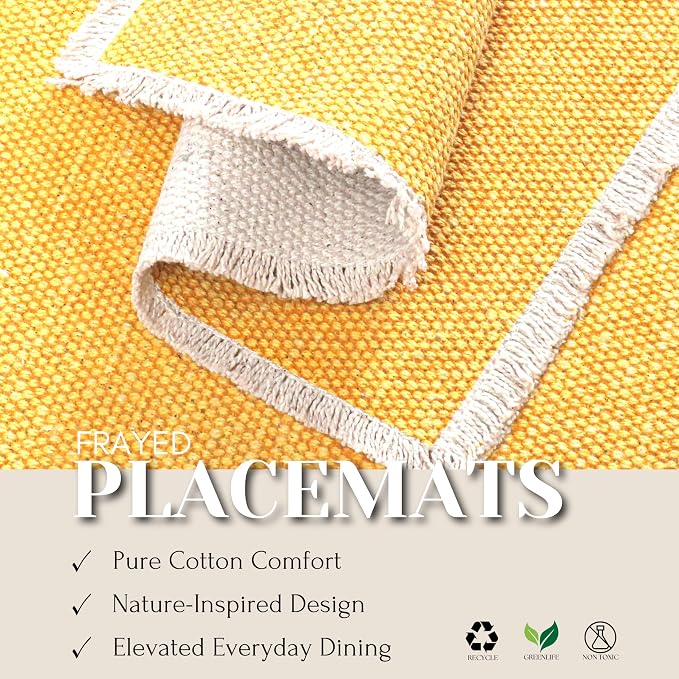 Hausattire Cotton Frayed Placemats Set of 6 Dining Table 14x14 Inch | Rustic Vintage Boho Washable Easter Placemat for Outdoor Parties BBQ's Spring, Holiday, Special Occasions, Nubby Cotton - Yellow