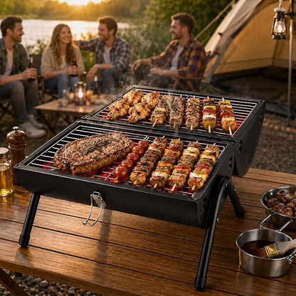 Portable Charcoal Grill (2 IN 1 Double-Sided), Mini Tabletop BBQ Grill 22" x 17", Heavy Duty Steel, Easy Assembly, Compact & Portable for Outdoor Camping, Picnic, Backyard Party