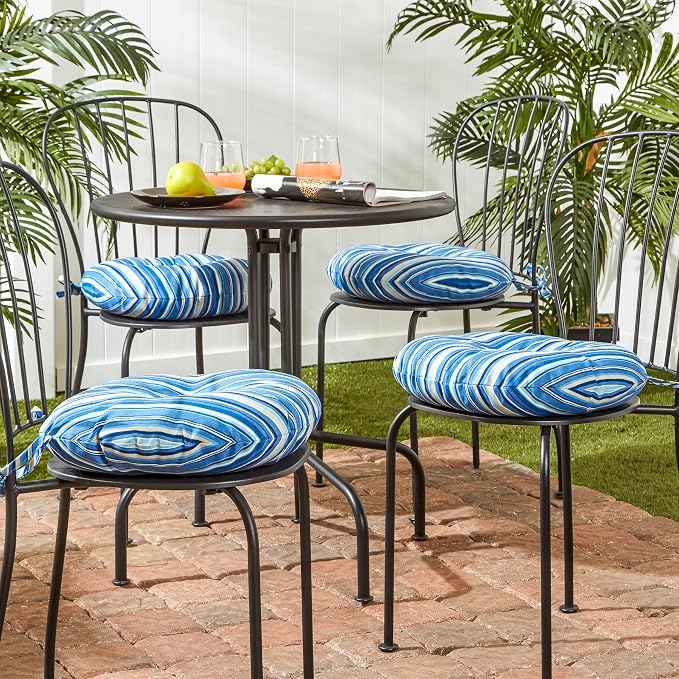 Greendale Home Fashions Steel Blue Stripe Outdoor 15-inch Bistro Seat Cushion, Set of 4