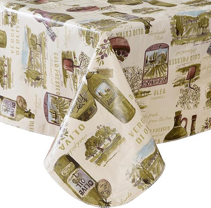 Newbridge 60 x 102 Inch Rectangle Vinyl Tablecloth with Flannel Backing, Lucca Olive Oil Print, Indoor Outdoor Waterproof Table Cover, Picnic, Barbeque, Patio and Kitchen Dining, Tuscan Countryside
