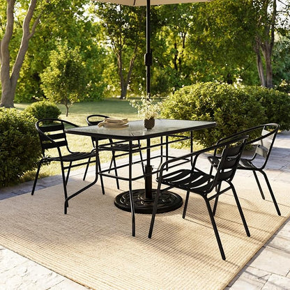 Flash Furniture Lila 5 Piece Patio Dining Set - 55" Tempered Glass Patio Table with Umbrella Hole - 4 Black Metal Aluminum Slat Stack Chairs