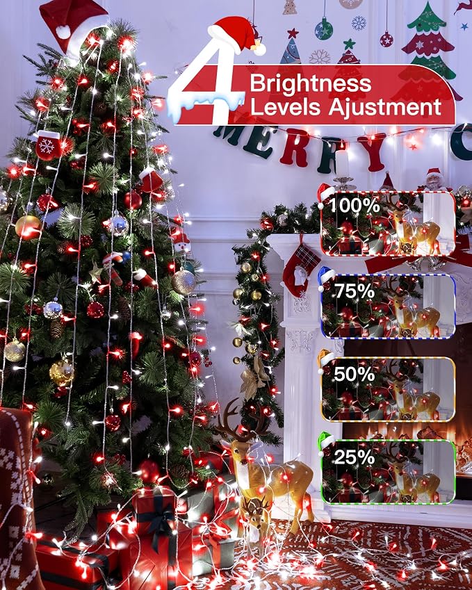 196FT 600 LED Christmas Lights Outdoor Waterproof, Timer & Memory Function, 8 Modes Red White String Lights Plug in Twinkle Lights for Xmas Tree Holiday Garden Indoor Party Decor