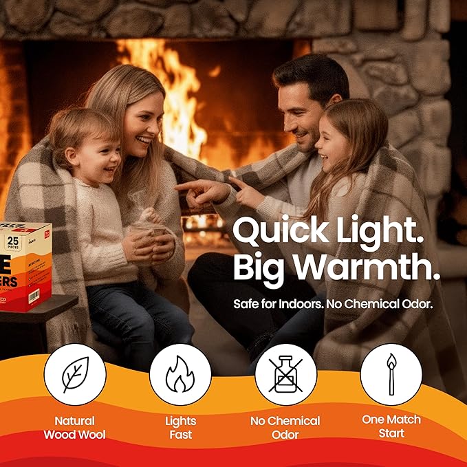 Moscow-Mix Fire Starter - Natural Fire Starters for Fireplace, Campfires, BBQ, Wood Stove, Smokers, Fire Pits - 25 pcs Weather Resistant Charcoal Starter for Grill - Food Grade Wax with 10 Min Burn