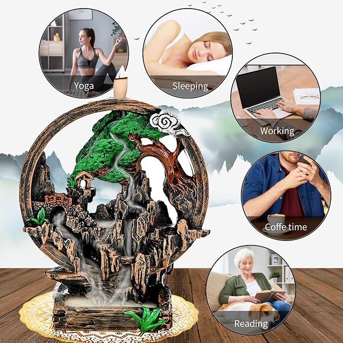 Mountain Waterfall Incense Burner，Backfall Incense Holder River, Incense Falls Meditation Decor for Room with Upgrade Incense Cones and Accessories (Chimney)