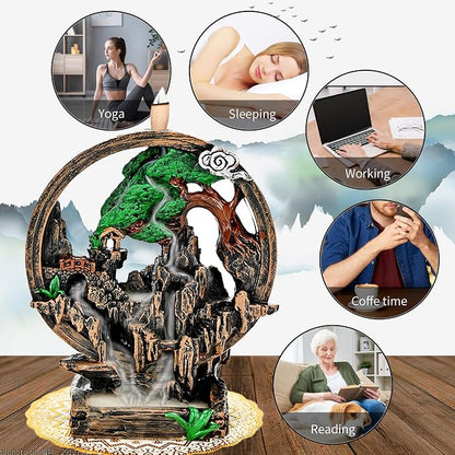 Mountain Waterfall Incense Burner，Backfall Incense Holder River, Incense Falls Meditation Decor for Room with Upgrade Incense Cones and Accessories (Chimney)