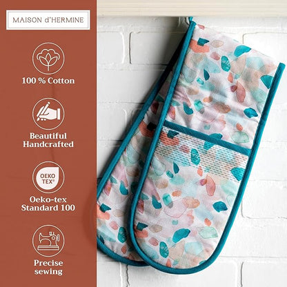 Maison d' Hermine Double Oven Mitts 100% Cotton 7"x35" Double Oven Mitt Heat Resistant BBQ Cooking Gloves with Loop Baking Grilling Kitchen Hotel Home Farmhouse Spring Summer (Summer Picnic)