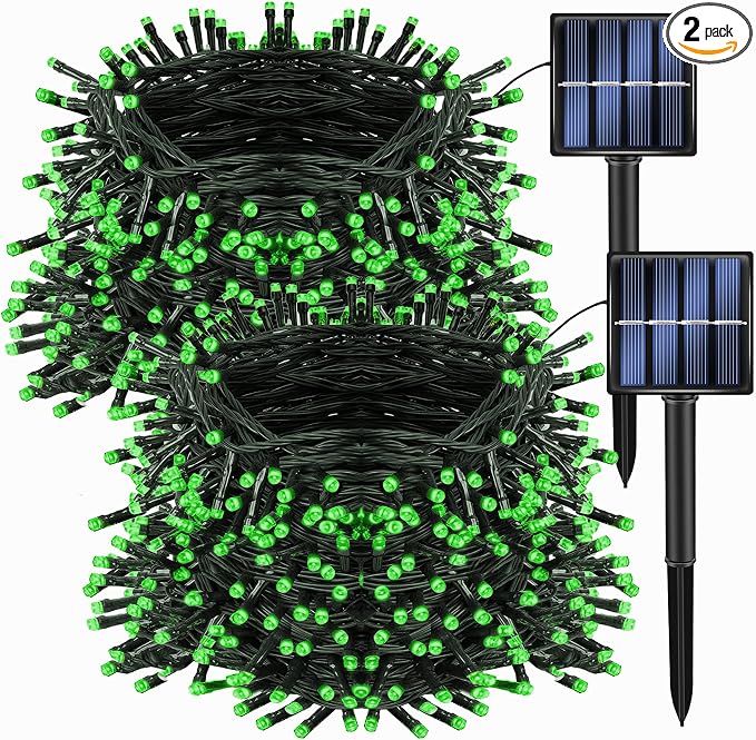 Dazzle Bright 2 Pack Total 400LED 132FT Green Christmas Solar String Outdoor Lights, St. Patrick's Day Solar Powered with 8 Modes Waterproof Fairy Lights for Patio Garden Tree Party Yard Decoration