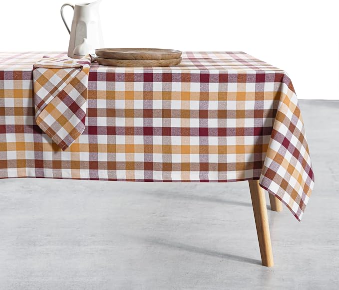 Gingham Check Tablecloth 52x70 Inch, 100% Cotton, Reusable Dining Table Cover for Rustic Decor, Parties, Gatherings, Weddings - Burgundy Wine, Brown, Mustard Yellow, Natural