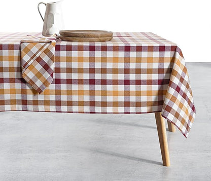 Gingham Check Tablecloth 60x84 Inch, 100% Cotton, Reusable Dining Table Cover for Rustic Decor, Parties, Gatherings, Weddings - Burgundy Wine, Brown, Mustard Yellow, Natural