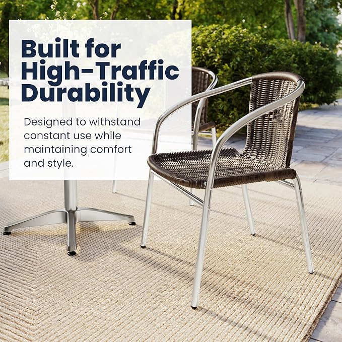 Flash Furniture Lila 31.5'' Round Aluminum Indoor-Outdoor Table Set with 2 Dark Brown Rattan Chairs | Aluminum Tabletop, Indoor/Outdoor