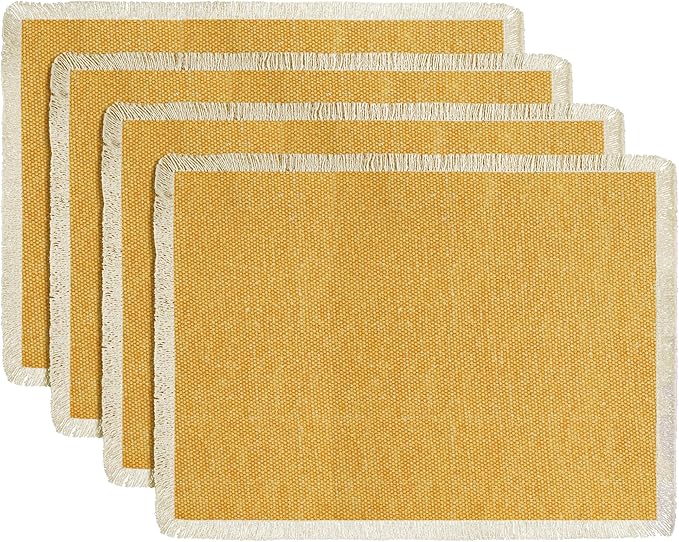 Hausattire Cotton Frayed Placemats Set of 4 Dining Table 13x19 Inch | Rustic Vintage Boho Washable Easter Placemat for Outdoor Parties BBQ's Wedding,Special Occasions, Nubby Cotton - Yellow