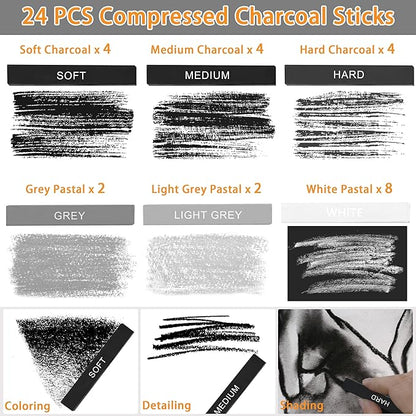 24 Pcs Compressed Charcoal Sticks with Soft, Medium, Hard and White Charcoal, Square Charcoal Stick Kit for Drawing, Sketching and Shading (12 Black + 4 Gray + 8 White)