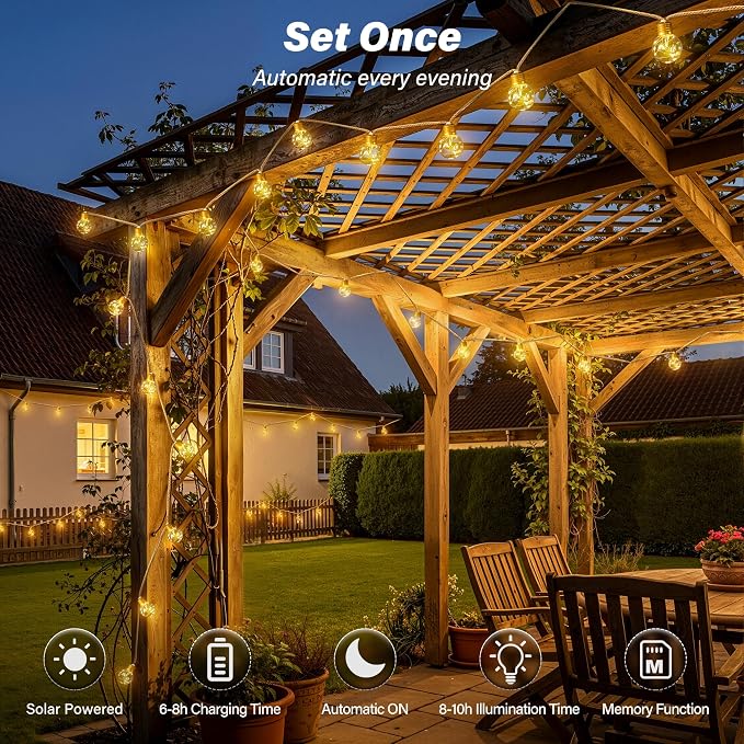 Ollny 26FT Solar String Lights Outdoor, Waterproof Remote Control Patio Lights with 16 LED Shatterproof Bulbs, Dimmable Timers & 8Modes Memory Function Vintage Hemp Rope Lights for Garden Bistro Fence