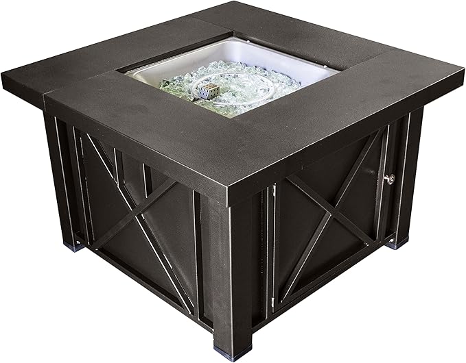 Hiland 38'' Square Propane Fire Pit Table w/Lid, Fireglass Included, Regulator and Hose, 40,000 BTU, Decorative Crossbars, Bronze