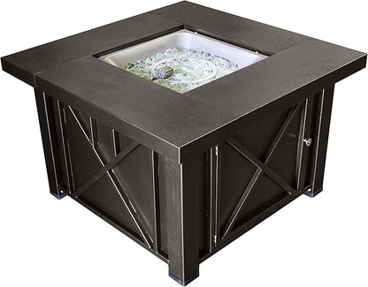 Hiland 38'' Square Propane Fire Pit Table w/Lid, Fireglass Included, Regulator and Hose, 40,000 BTU, Decorative Crossbars, Bronze