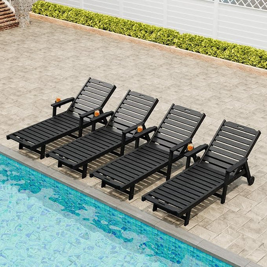 Garvee Lounge Chair Outdoor Set of 4 with Wheels & 5-Position Adjustable Backrest, Oversized Chaise Lounge with 2 Move Handle, HDPE Lounge Chair w/Detachable Cup Holder, for Patio, Pool,Black