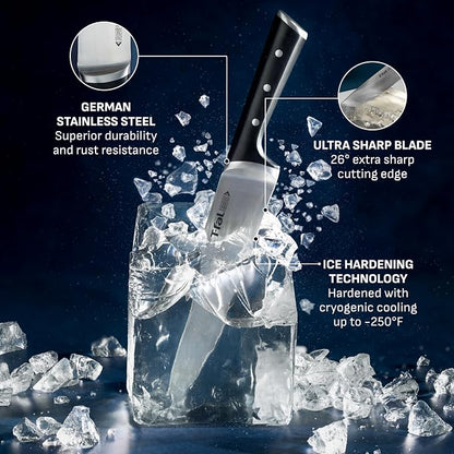 T-fal Ice Force 11-Piece German Stainless Steel Kitchen Knife Block Set | X50CrMoV15 steel, 26-degree cutting edge, Ice hardening to -250F, Ergonomic handle with finger guard, Includes steak knives