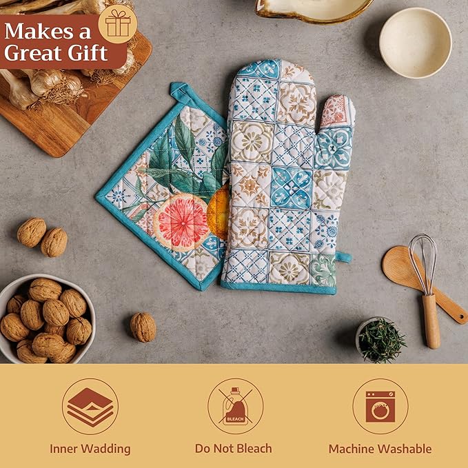 Maison d' Hermine 100% Cotton Oven Mitt & Pot Holder Set (7.5"x13" & 8"x8") Heat Resistant BBQ Cooking Gloves with Loop Baking Grilling Kitchen Hotel Home Farmhouse Spring Summer (Agrume)