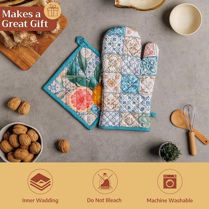 Maison d' Hermine Pot Holders 100% Cotton Potholders (8" x 8", Pack of 1) | Heat Resistant Hot Pads with Loop BBQ Cooking Baking Farmhouse Kitchen Handling Hot Pans Spring Summer - Agrume