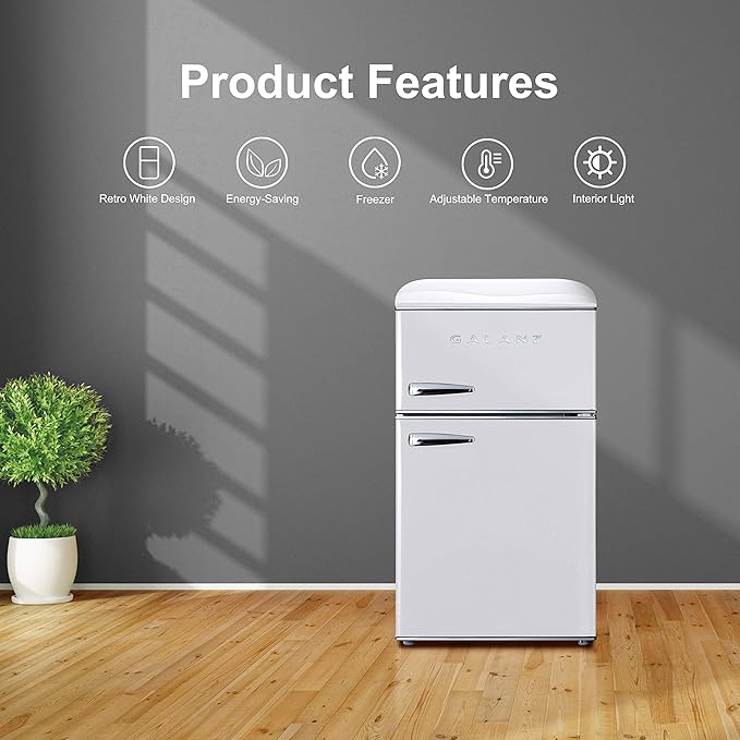 Galanz GLR31TWEER Retro Compact Refrigerator, Mini Fridge with Dual Doors, Adjustable Mechanical Thermostat with Freezer, White, 3.1 Cu FT