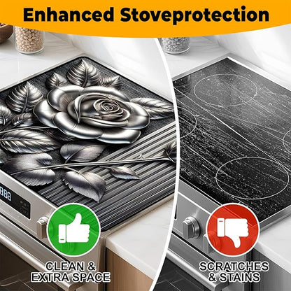 Silver Rose Stove Top Cover Retro Flower Gas Stove Top Cover for Home Decoration Kitchen Pad Non-Stick Washable Cooktop Covers Countertop Protector Keep Stove Clean 28"x20"