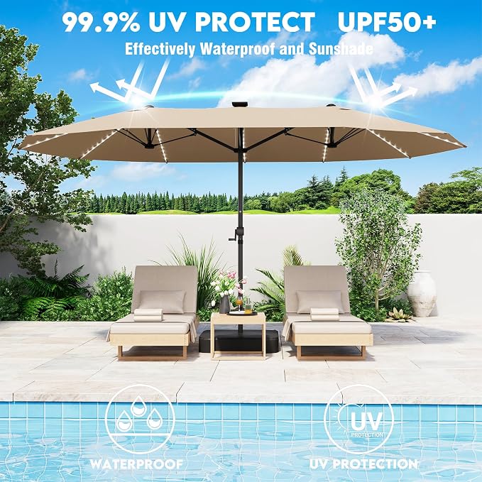 GDPFN 15ft Large Patio Umbrella with Solar Lights, Outdoor Double-Side Rectangular Umbrella with Base Included, Backyard Pool Umbrella with LED Light for Deck, Outside, Market, Beige