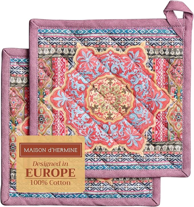 Maison d' Hermine Pot Holders Set 100% Cotton Heat Resistant Potholders 8" x 8" Hot Pads with Loop for Thanksgiving Christmas Decorations BBQ Cooking Baking Handling Hot Pans (Pack of 2, Ispahan)