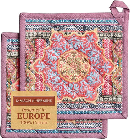 Maison d' Hermine Pot Holders Set 100% Cotton Heat Resistant Potholders 8" x 8" Hot Pads with Loop for Thanksgiving Christmas Decorations BBQ Cooking Baking Handling Hot Pans (Pack of 2, Ispahan)
