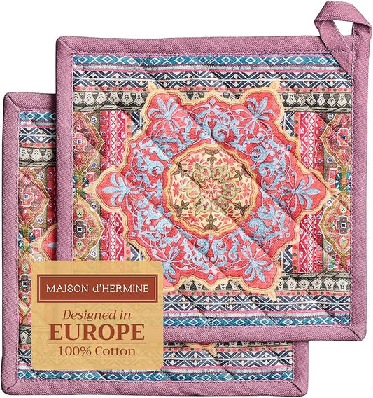 Maison d' Hermine Pot Holders Set 100% Cotton Heat Resistant Potholders 8" x 8" Hot Pads with Loop for Thanksgiving Christmas Decorations BBQ Cooking Baking Handling Hot Pans (Pack of 2, Ispahan)