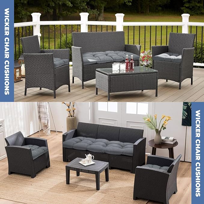 DANGHOOGY Wicker Chair Cushions, Waterproof Outdoor Loveseat Cushions for Patio Furniture, Tufted Wicker Furniture Cushions, 1 Loveseat and 2 U-Shaped Cushions, Grey