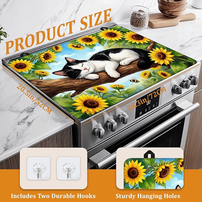 Stove Top Covers for Electric Stove,Sleeping Cat Flat Top Stove Cover,Sunflowers Heat Resistant Glass Top Stove Cover Protector Anti-Slip Range Covers, 28 x 20 Inch