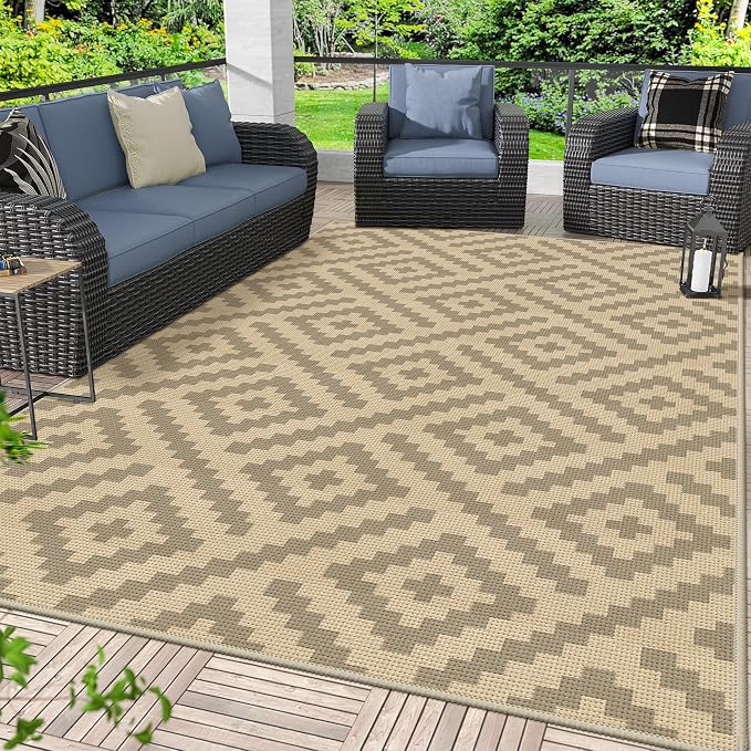 GENIMO Outdoor Rug, Waterproof Plastic Rugs for Patio, 6'x9' Oat Beige | Outside Larger Modern Carpet Mat for Porch Decor, Deck, Balcony, Camping, RV, Backyard, Picnic, Beach, Reversible, Foldable