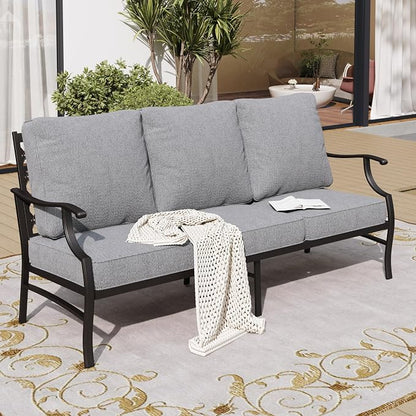 SUNSHINE VALLEY Metal Patio Sofa with 5.75" Extra Thick Waterproof Cushion, 3-Seater High-Back Outdoor Couch All Weather Outdoor Seating for Backyard Deck Front Porch, Gray