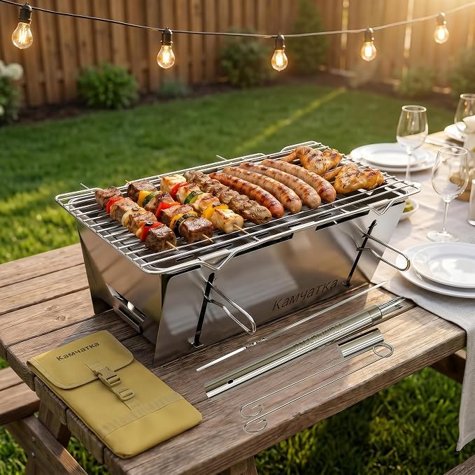 Foldable Stainless Steel Charcoal BBQ Grill with 15 Metal Skewers | Small Camping Barbecue Grill for 1‑3 People, Perfect for Making Kabobs at Garden, Beach, Picnic & Tabletop Gatherings