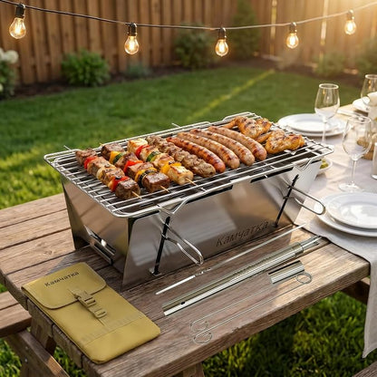 Foldable Stainless Steel Charcoal BBQ Grill with 15 Metal Skewers | Small Camping Barbecue Grill for 1‑3 People, Perfect for Making Kabobs at Garden, Beach, Picnic & Tabletop Gatherings