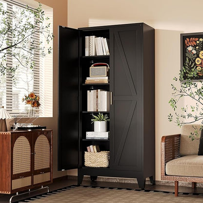 71" H Black Metal Storage Cabinets,Garage Storage Cabinet,Tall Pantry Cabinet with Doors,Kitchen Food Storage Cabinet,Farmhouse Storage Cabinets for Kitchen, Dining Room