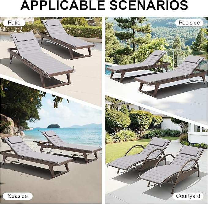 Crestlive Products Chaise Lounge Cushion Outdoor Set of 2, Foldable Waterproof Pool Lounge Chair Cushions with Straps, Lounger Cushions for Outdoor Furniture， 80''Lx26''W (Light Gray)