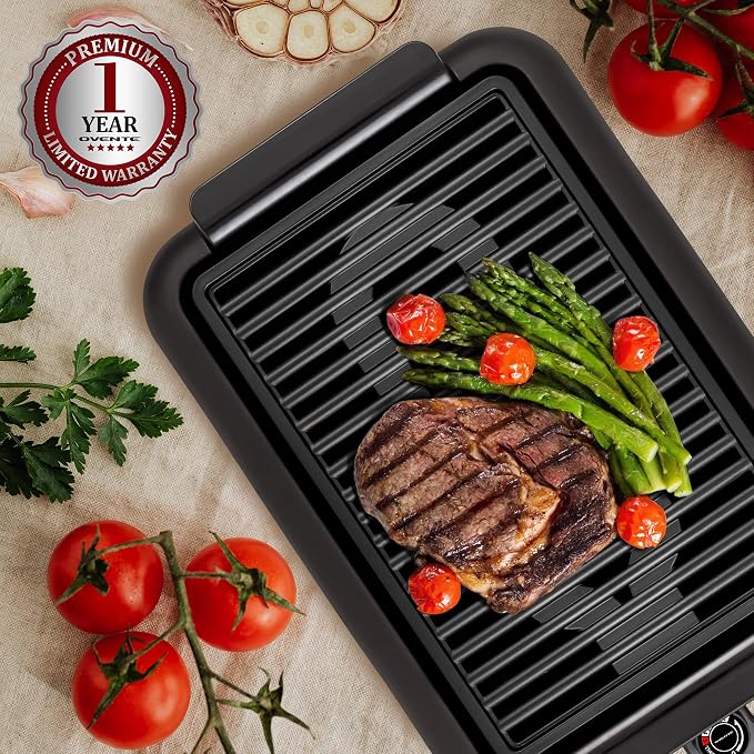 OVENTE Electric Indoor Grill, 15x10 Inch Non-Stick Plate, Black GD1510NLB | 1200W Fast Heat Up Power, Adjustable Temperature, Removable and Dishwasher Safe Grilling and Drip Tray