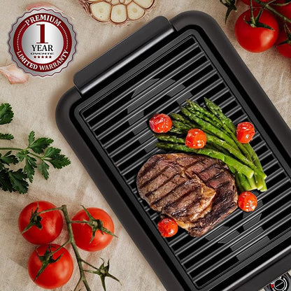 OVENTE Electric Indoor Grill, 15x10 Inch Non-Stick Plate, Black GD1510NLB | 1200W Fast Heat Up Power, Adjustable Temperature, Removable and Dishwasher Safe Grilling and Drip Tray