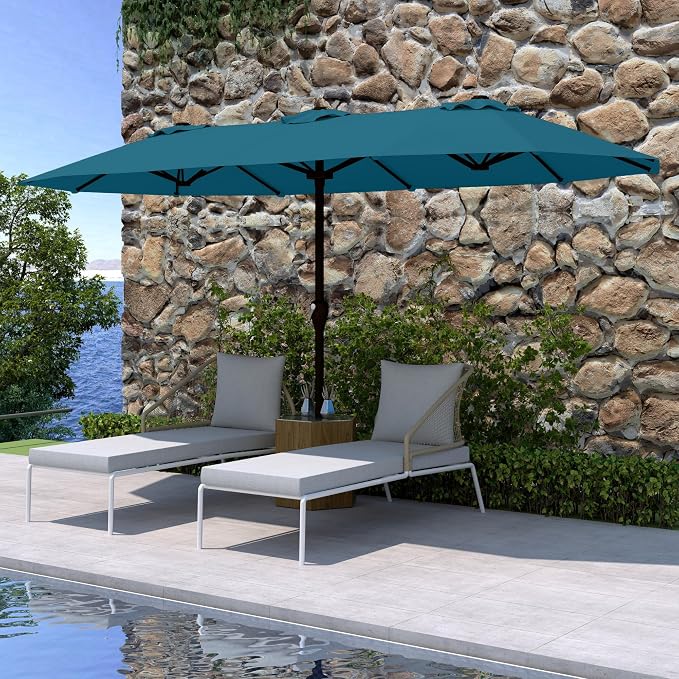 15FT Double Sided Patio Umbrella with Base Included Large Outdoor Market Umbrella with Crank Handle, UV Resistant Canopy, Sturdy Frame for Garden, Poolside, Deck, Lake Blue