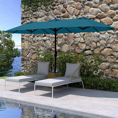 15FT Double Sided Patio Umbrella with Base Included Large Outdoor Market Umbrella with Crank Handle, UV Resistant Canopy, Sturdy Frame for Garden, Poolside, Deck, Lake Blue