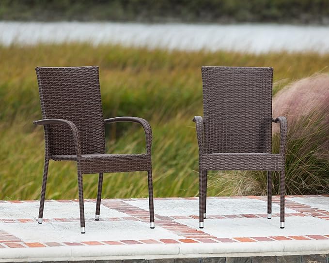 Morgan Outdoor Wicker Stacking Chair - Mocha - Set of 4 - Handwoven No Assembly All Weather Steel Powder Coated Frame Lightweight Indoor Outdoor Porch Backyard Lawn Garden Balcony - Patio Sense 62664