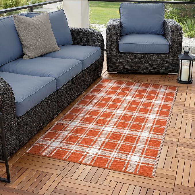 GENIMO Outdoor Rug 3'x5' Waterproof for Porch, Plastic Door Mat Orange Plaid