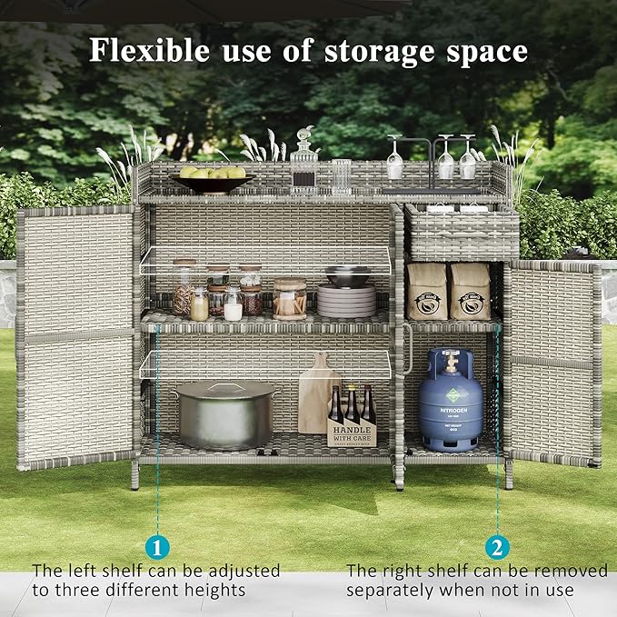 Merax 47.5" Wicker Outdoor Storage Cabinet with Tempered Glass Desktop, Weather-Proof Rattan Bar Table with 3 Doors, Adjustable Shelf, 1 Drawer for Outdoor Cushions, Pool Toys, Garden Tools, Grey