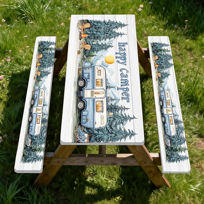 Picnic Table Cover with Bench Covers Elastic Edges, Outdoor Patio Camping Essentials 72 Inch 3PCS, Camper Fitted Table Cover, Waterproof Rectangle Tablecloth with Drawstring Bag,Blue White