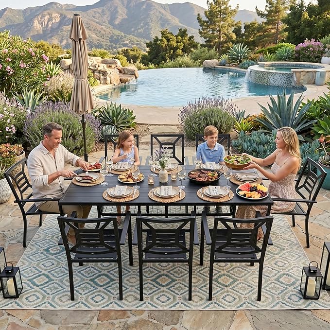 9 Pieces Patio Dining Set for 8, Large 77" Outdoor Metal Table with Universa Umbrella Hole & Stackable Iron Chairs, Patio Furniture Set for Deck, Backyard, Yard, Porch